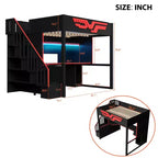 Whisen Full Size Gaming Loft Bed Frame with Desk and Storage Staircase - Red & Black