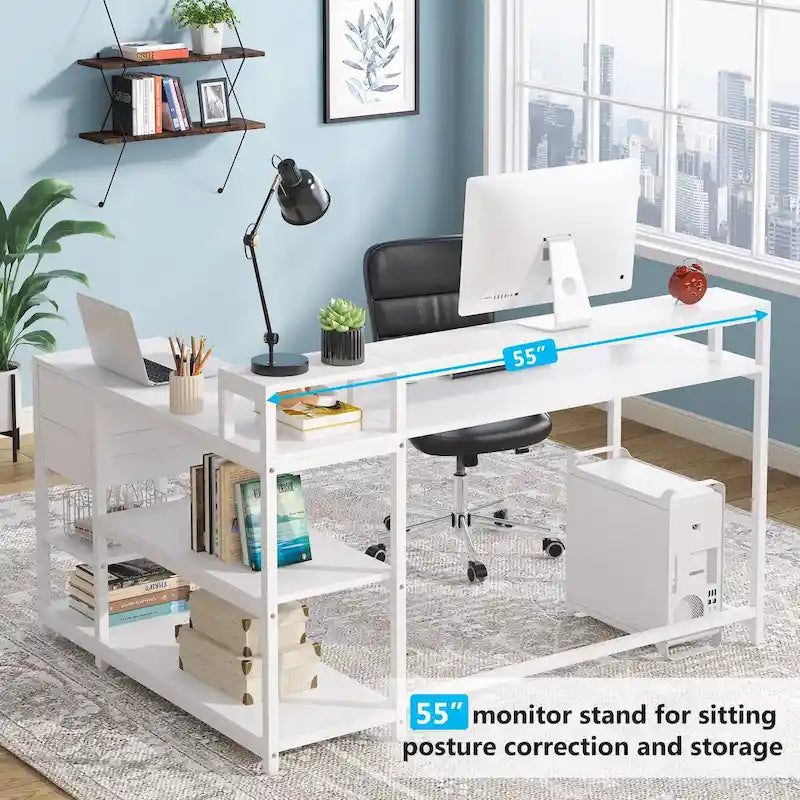 L Shaped Desk with Drawer, Home Office Corner Desk with Storage Shelves and Monitor Stand, Rustic PC Desk for Small Space