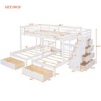 Whisen Full Over Twin & Twin Bunk Bed, Wood Triple Bunk Bed with Drawers and Guardrails