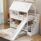 Whisen Twin over Twin House Bunk Bed with Trundle and Slide, Storage Staircase, Roof and Window Design
