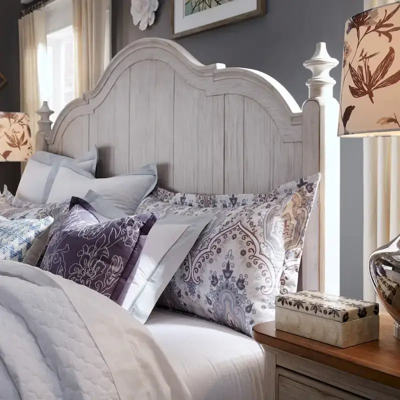 Farmhouse Cottage Queen Poster Bed ¨C Antique White with Chestnut Tops