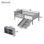 Whisen Twin Size Low Loft Bed Frame for Kids with Slide, Movable Bookshelf Storage, Guardrails, Low Loft Bed Frame