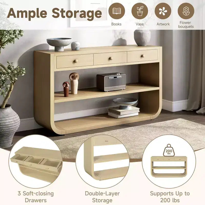 ModernLuxe Curved Console Table Entryway Table Sofa Side Table Display Stand Accent Table with 3 Soft-Close Drawers & 2 Open Shelves