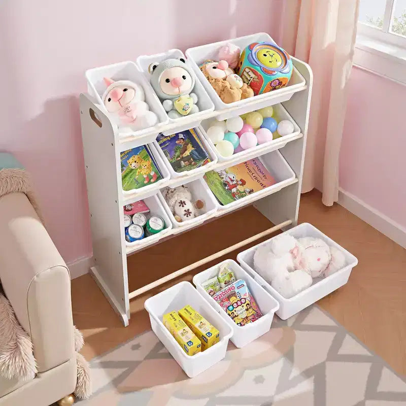 VECELO Kids Bookshelf Toy Storage with 12 Bins, Wooden Toy Rack for Toddlers, Large-Capacity Playroom Storage for Books or Toys