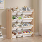 VECELO Kids Bookshelf Toy Storage with 12 Bins, Wooden Toy Rack for Toddlers, Large-Capacity Playroom Storage for Books or Toys