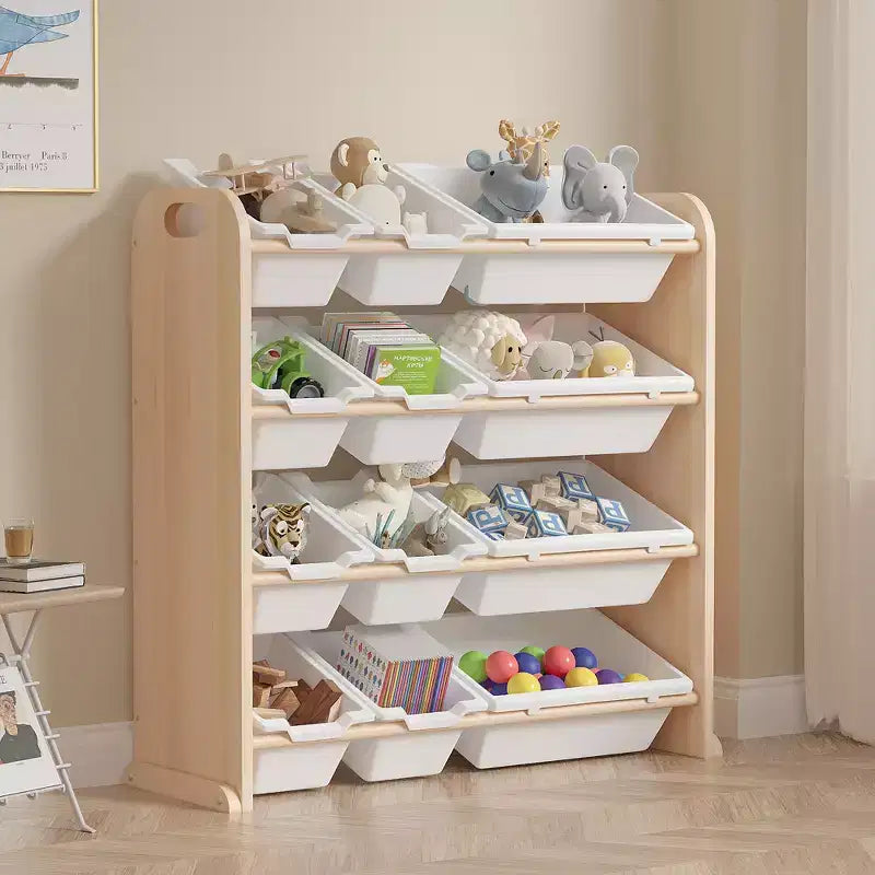 VECELO Kids Bookshelf Toy Storage with 12 Bins, Wooden Toy Rack for Toddlers, Large-Capacity Playroom Storage for Books or Toys