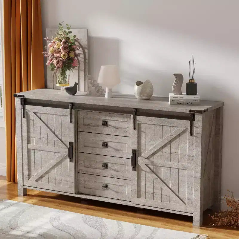 SinCiDo Farmhouse 60Dressing Table with Sliding Barn Door and 4 Drawers,Drawer Cabinet Living Room,Bedroom,Coffee Bar