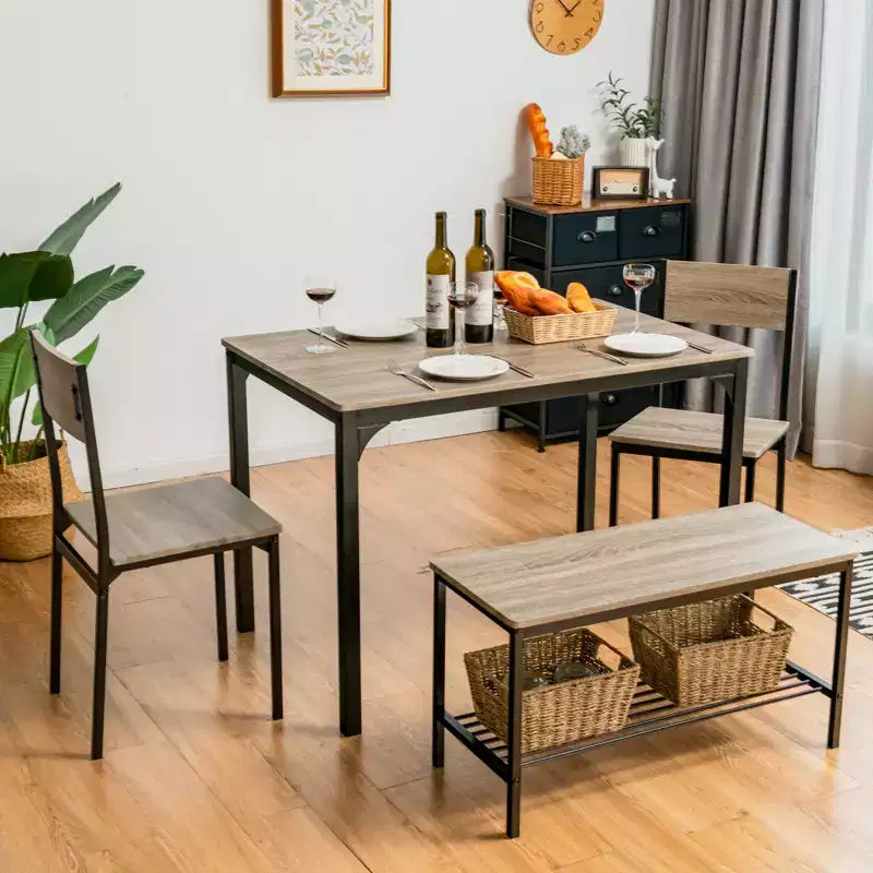 Costway 4pcs Dining Table Set Rustic Desk 2 Chairs & Bench w/ Storage Rack