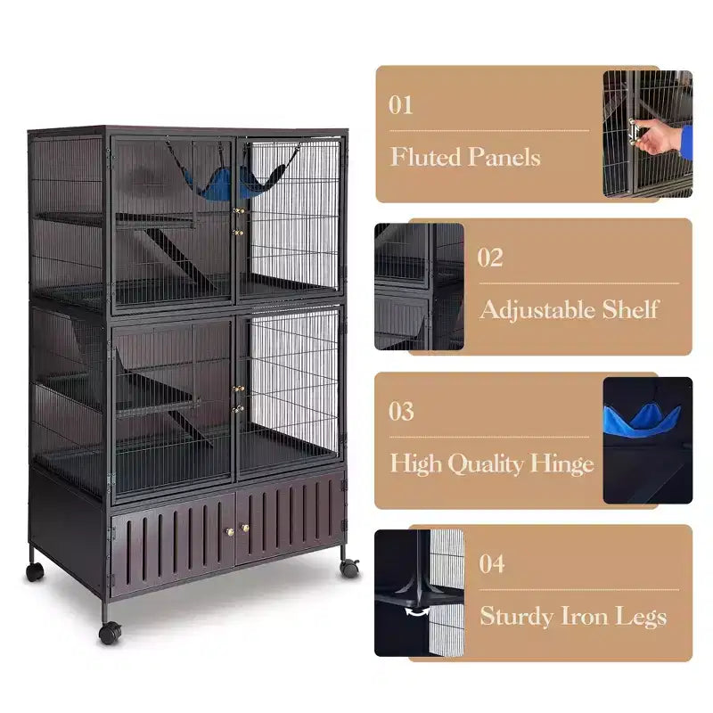 Small Animal Cage, Ferret Cage - 59 5-Tier Habitat with Storage Cabinet, Includes Hammock/Wheels/Removable Ramps/Easy-Clean Trays